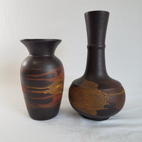 Royal Haeger Pottery Vase Set Brown Earth Wrap Volcanic Lava Orange Peel Glaze - Picture 5 of 15